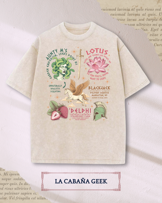 Polera Percy Jackson - Medusa, Lotus, Delphi & símbolos.